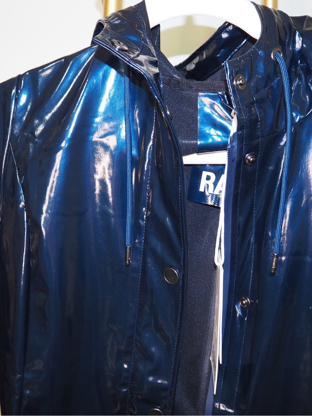 Rains Glossy Navy Hooded Raincoat - Picture 2 of 4